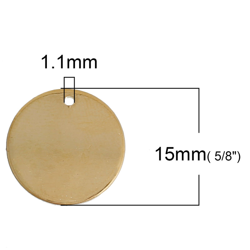 10 GOLD Plated Metal Stamping Blank Charm Pendant, round circle disc, 15mm wide (5/8"), very thick gauge, msb0363