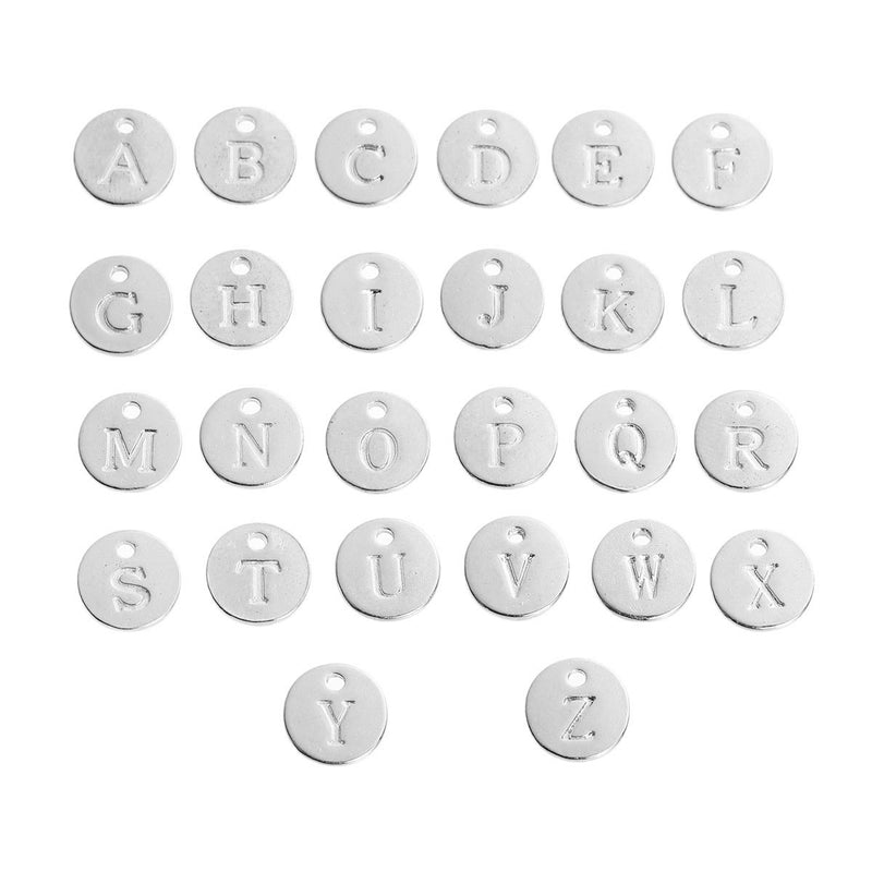 26 Silver Letter Alphabet Charms, 1 of Each Letter, Silver Plated Monogram, double sided round disc charms, dot charms, 12mm, (1/2") chs3304