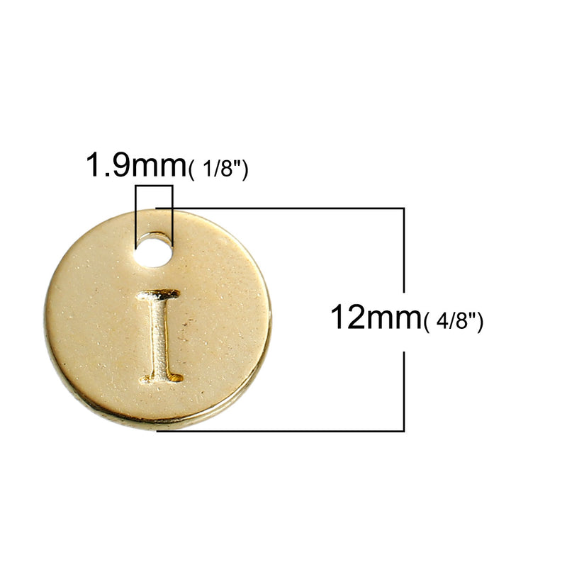 26 Gold Letter Alphabet Charms, 1 of Each Letter, Gold Plated Monogram, double sided round disc charms, dot charms, 12mm, (1/2"), chs3302