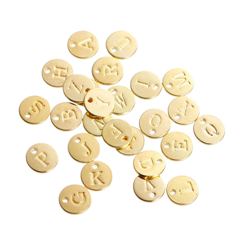 26 Gold Letter Alphabet Charms, 1 of Each Letter, Gold Plated Monogram, double sided round disc charms, dot charms, 12mm, (1/2"), chs3302