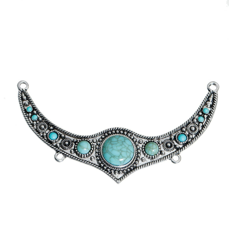 2 Large Silver BIB PENDANT Charms, necklace connector boho faux turquoise gemstone, 4-hole connector link, 11.5x6.2cm, chs2744