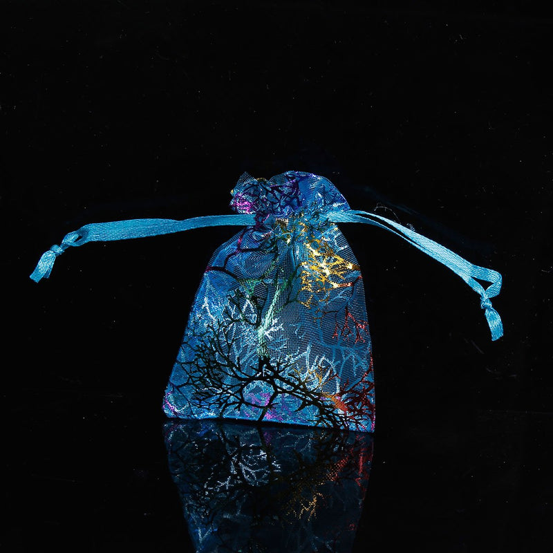 20 Blue Organza Gift Bags, coral pattern with rainbow foil, satin ribbon drawstring, usable space 7x7cm, 2-3/4" x 2-3/4",  bag0066