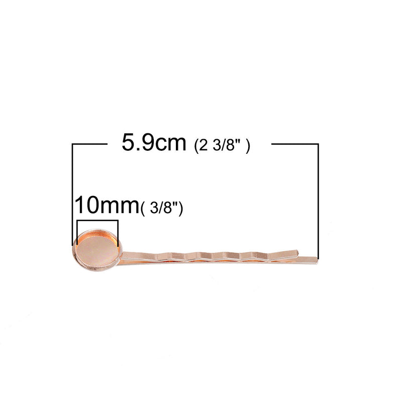 10 Rose Gold Metal Bobby Pins Hair Clips Blanks with bezel tray, fits 10mm round cabochons in bezel tray, fin0723
