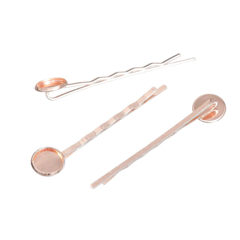 10 Rose Gold Metal Bobby Pins Hair Clips Blanks with bezel tray, fits 12mm round cabochons in bezel tray, fin0750
