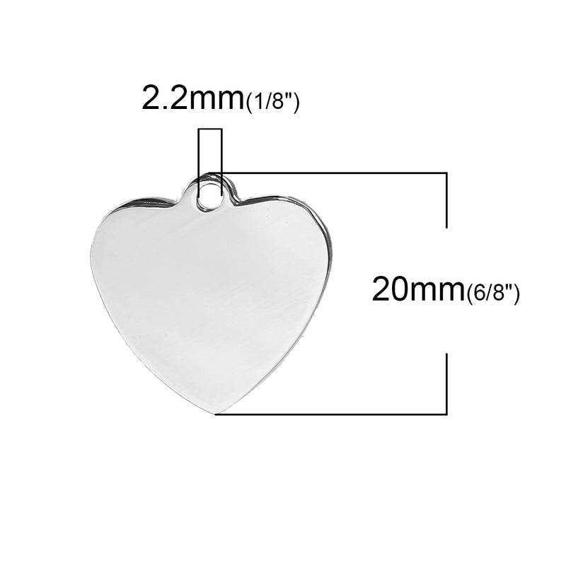 5 Silver Stainless Steel HEART Stamping Blanks, Jewelry Tags, Pendants, 20mm, 16 gauge, msb0453