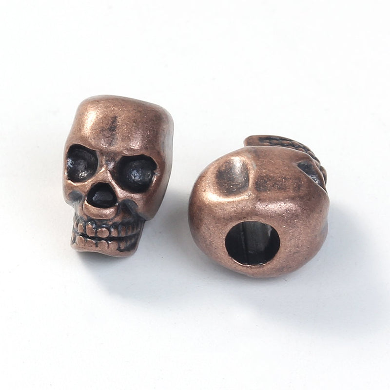 10 Copper SKULL Beads, Copper Metal Skull Beads with Large Hole, drilled top to bottom, great for leather cord, 12mm, bme0413a