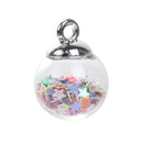 5 Glass Ball Charms, round globe glass vial with sparkly rainbow confetti stars, 22x16mm, chs3217