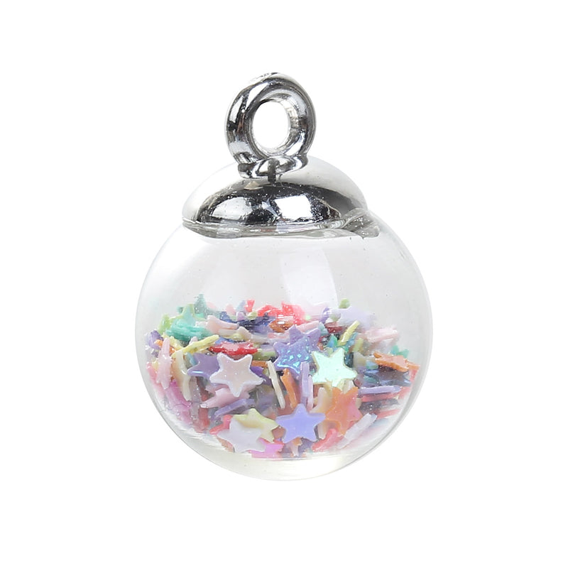 5 Glass Ball Charms, round globe glass vial with sparkly rainbow confetti stars, 22x16mm, chs3217