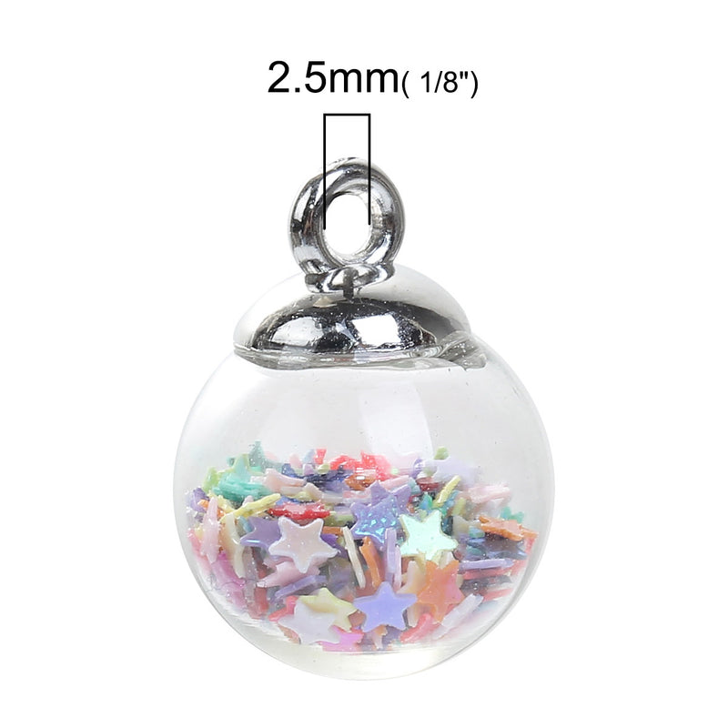 5 Glass Ball Charms, round globe glass vial with sparkly rainbow confetti stars, 22x16mm, chs3217