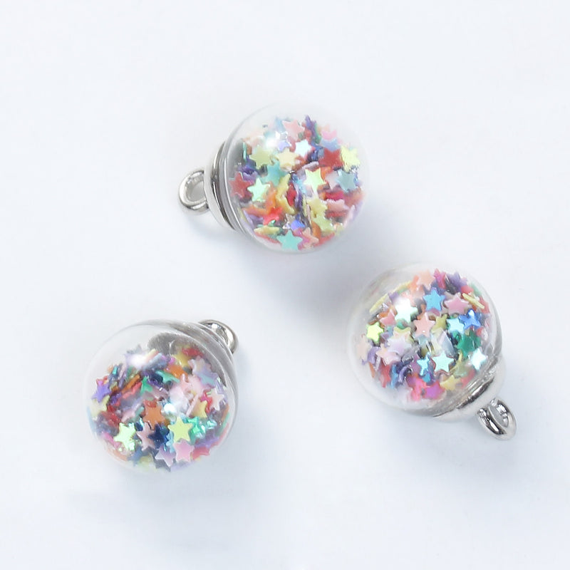 5 Glass Ball Charms, round globe glass vial with sparkly rainbow confetti stars, 22x16mm, chs3217