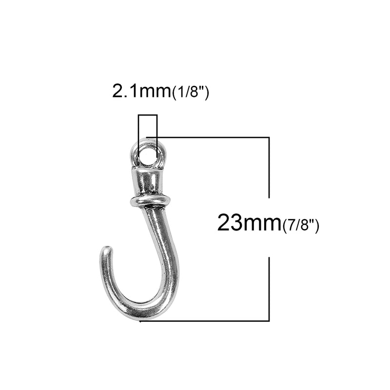 10 Silver FISH HOOK Charms, Fishhook Charms, Fishing Charms, Angler Charms, 23x10mm, chs3101