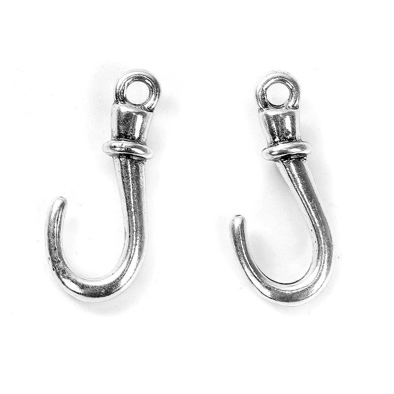 10 Silver FISH HOOK Charms, Fishhook Charms, Fishing Charms, Angler Charms, 23x10mm, chs3101