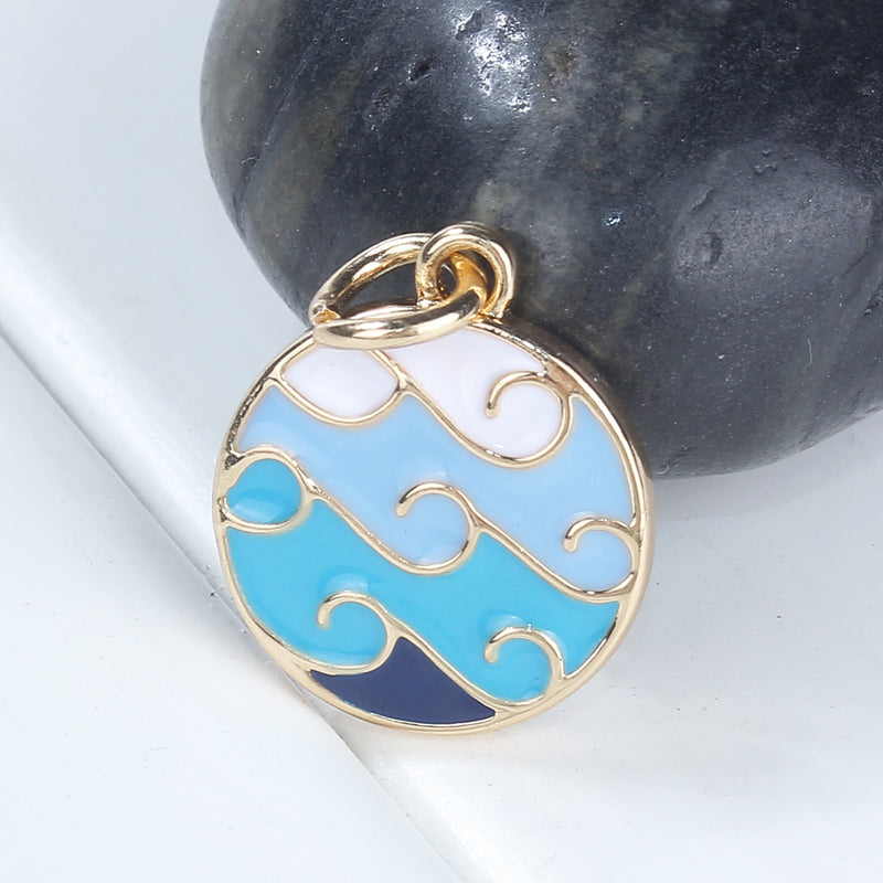 4 BEACH WAVE Charms, Gold Wave Charms, Blue and White Enamel and GOLD plating, gold charms, 22x16mm chs3321