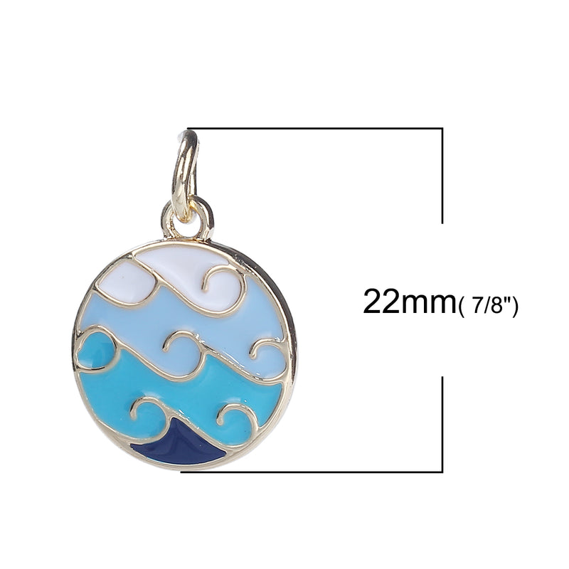 4 BEACH WAVE Charms, Gold Wave Charms, Blue and White Enamel and GOLD plating, gold charms, 22x16mm chs3321