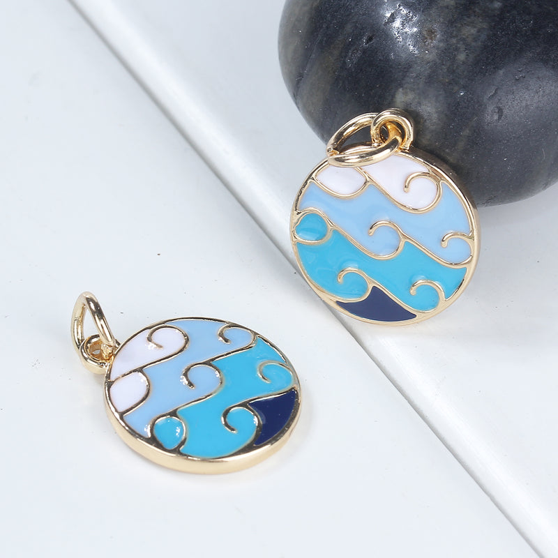 4 BEACH WAVE Charms, Gold Wave Charms, Blue and White Enamel and GOLD plating, gold charms, 22x16mm chs3321