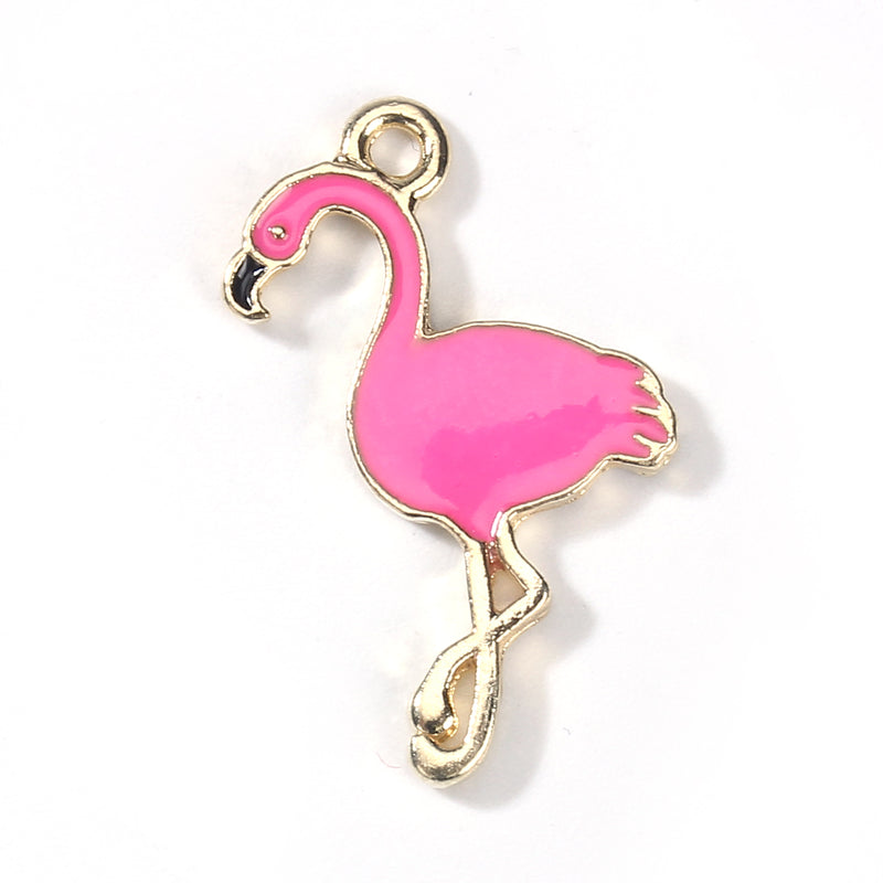 5 FLAMINGO Charms, Hot Pink Enamel and GOLD plating, gold charms, chs3214
