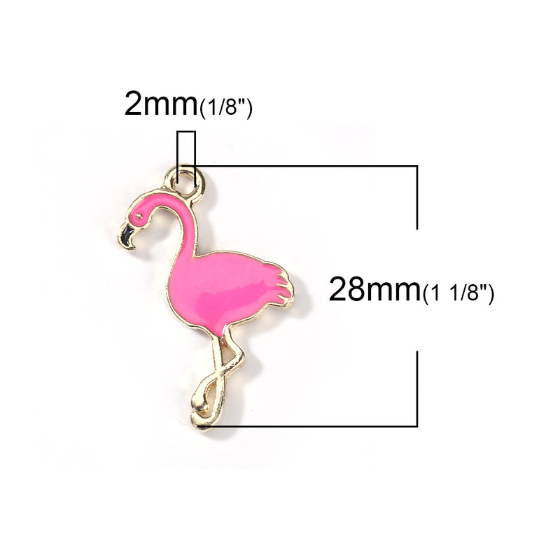 5 FLAMINGO Charms, Hot Pink Enamel and GOLD plating, gold charms, chs3214