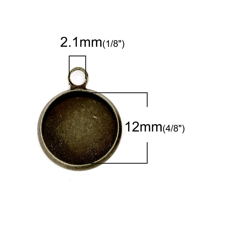 20 Bronze Charm Bezel, Fits 12mm Round Cabochons, bronze bezel tray, chs3133