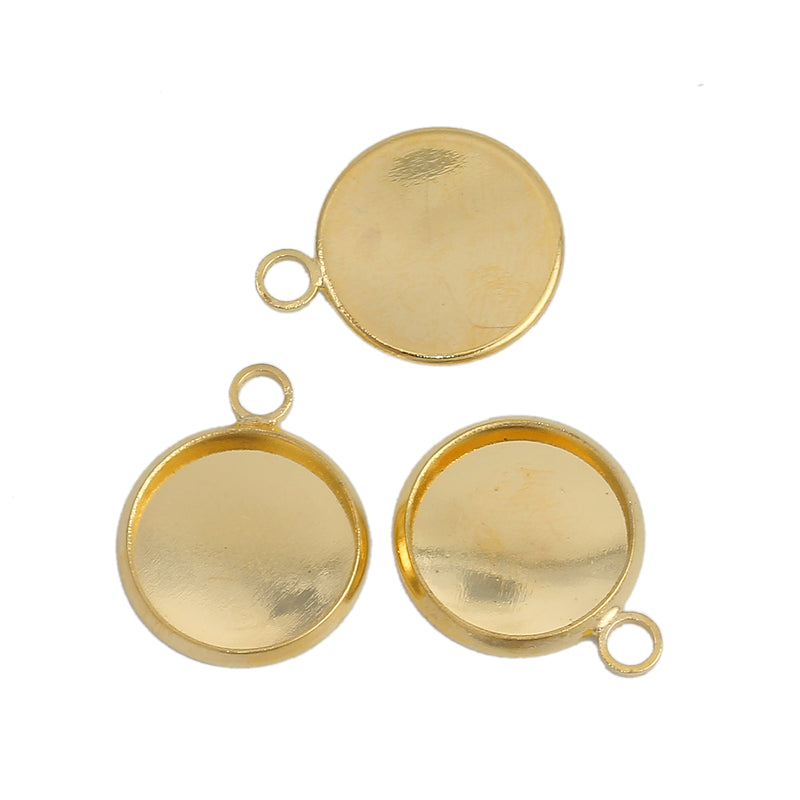 20 Bright Gold Plated Charm Bezel, Fits 12mm Round Cabochons, gold bezel tray, chs3134