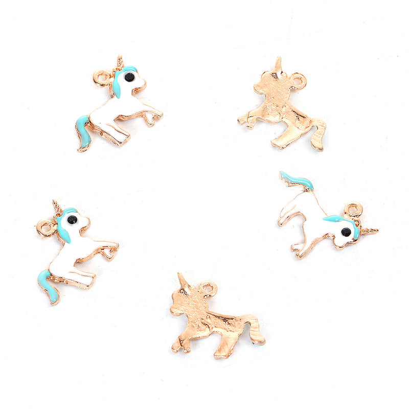 5 UNICORN Charms, BLUE Enamel with Gold Plate, Fairy Tale Charms, Animal Charms, 16x14mm, chs3371