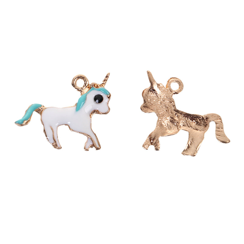 5 UNICORN Charms, BLUE Enamel with Gold Plate, Fairy Tale Charms, Animal Charms, 16x14mm, chs3371