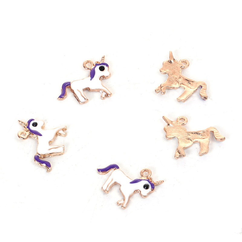 5 UNICORN Charms, PURPLE Enamel with Gold Plate, Fairy Tale Charms, Animal Charms, 16x14mm, chs3412