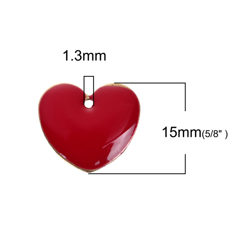 5 RED Enamel Heart Charms, double sided, 15x14mm, chs3431