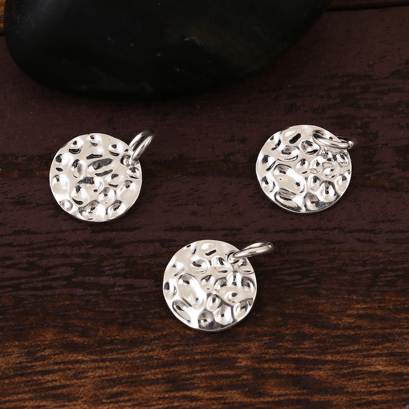 10 SILVER Hammered Metal Coin Sequin Charms, Round Dot Charms, double sided design, 13mm (1/2"), chs3388