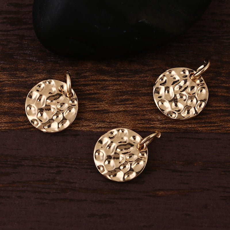 10 GOLD Hammered Metal Coin Sequin Charms, Round Dot Charms, double sided design, 13mm (1/2"), chs3391