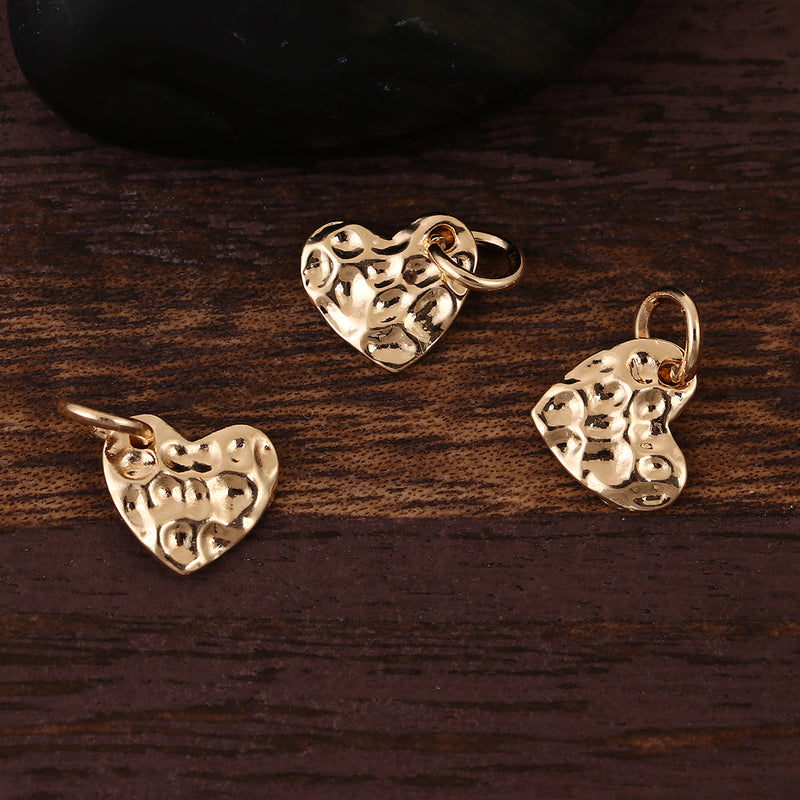 10 GOLD Hammered Metal HEART Sequin Charms, Flat Dot Charms, double sided design, 14mm (5/8") chs3415