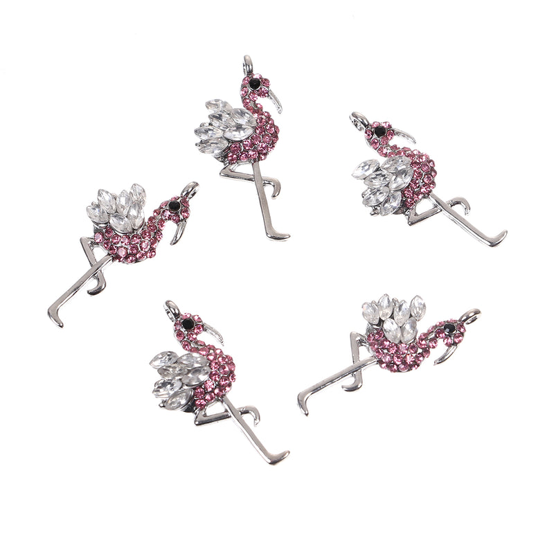 2 FLAMINGO Charms, Rhinestone Flamingo Pendant, Pink and Clear Crystals, silver metal, chs3390