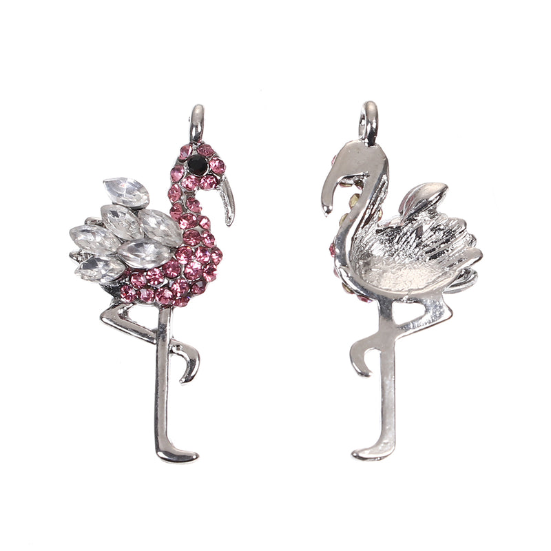 2 FLAMINGO Charms, Rhinestone Flamingo Pendant, Pink and Clear Crystals, silver metal, chs3390