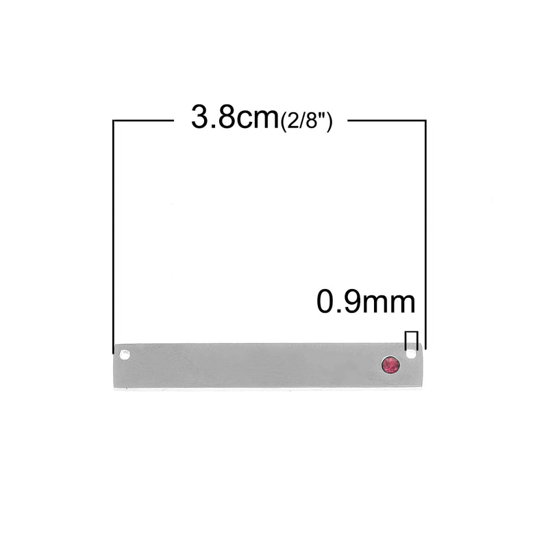 2 Stainless Steel Metal Bar Connector Blanks, top holes, PINK CRYSTAL, Rectangle Charms, 38mm x 6mm, (1-1/2" x 1/4"), chs3382
