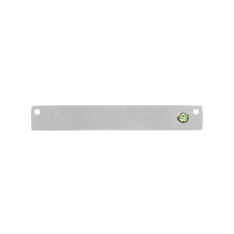2 Stainless Steel Metal Bar Connector Blanks, top holes, PERIDOT GREEN CRYSTAL, Rectangle Charms, 38mm x 6mm, (1-1/2" x 1/4"), chs3418