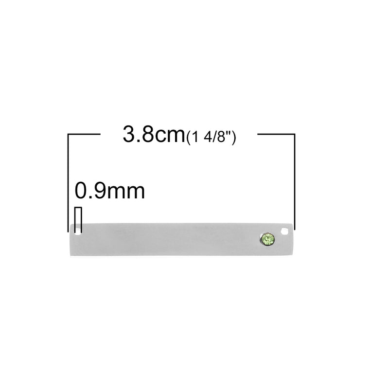 2 Stainless Steel Metal Bar Connector Blanks, top holes, PERIDOT GREEN CRYSTAL, Rectangle Charms, 38mm x 6mm, (1-1/2" x 1/4"), chs3418