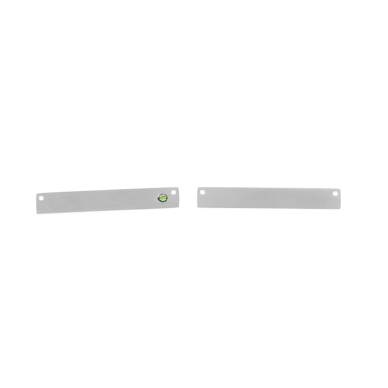 2 Stainless Steel Metal Bar Connector Blanks, top holes, PERIDOT GREEN CRYSTAL, Rectangle Charms, 38mm x 6mm, (1-1/2" x 1/4"), chs3418
