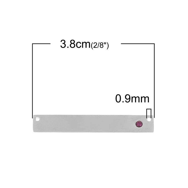 2 Stainless Steel Metal Bar Connector Blanks, top holes, PURPLE CRYSTAL, Rectangle Charms, 38mm x 6mm, (1-1/2" x 1/4"), chs3383
