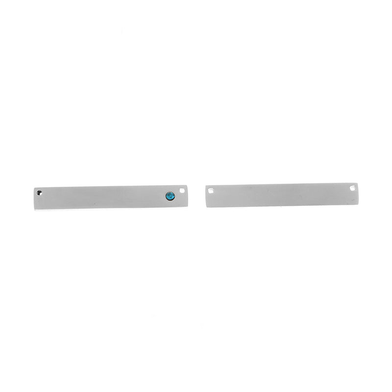 2 Stainless Steel Metal Bar Connector Blanks, top holes, BLUE ZIRCON CRYSTAL, Rectangle Charms, 38mm x 6mm, (1-1/2" x 1/4"), chs3389