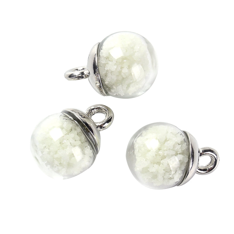 5 Glass Ball Charms, round globe glass vial with glow in the dark confetti, silver bail, 17x12mm, chs3435