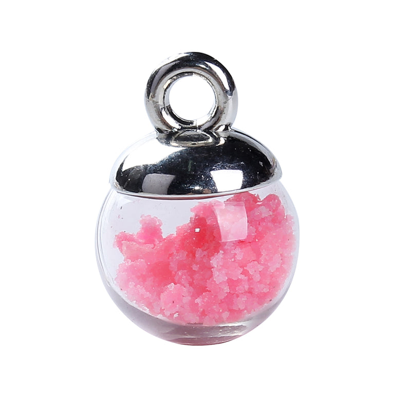 5 Glass Ball Charms, round globe glass vial with sparkly pink confetti, silver bail, 17x12mm, chs3380