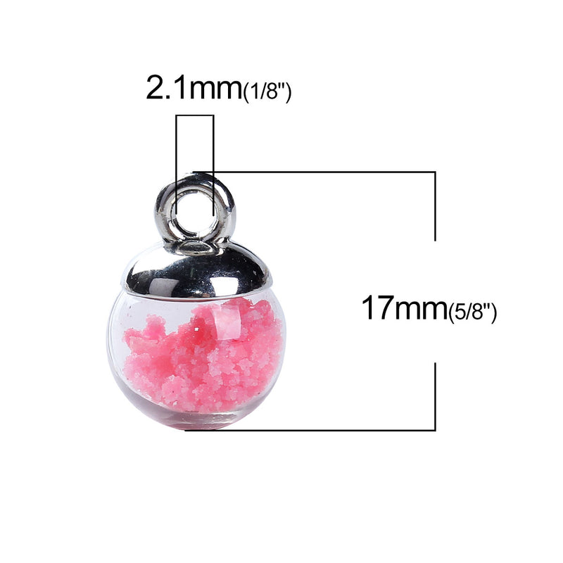 5 Glass Ball Charms, round globe glass vial with sparkly pink confetti, silver bail, 17x12mm, chs3380