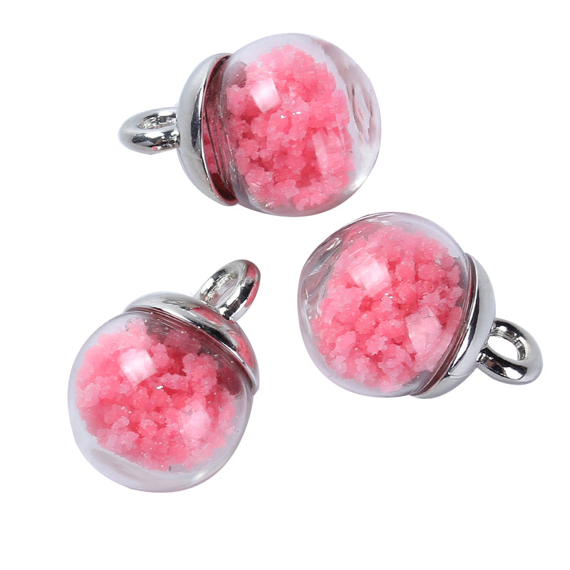 5 Glass Ball Charms, round globe glass vial with sparkly pink confetti, silver bail, 17x12mm, chs3380