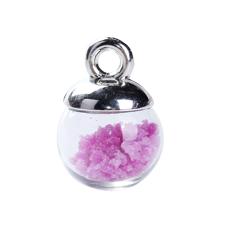 5 Glass Ball Charms, round globe glass vial with sparkly PURPLE confetti, silver bail, 17x12mm, chs3386