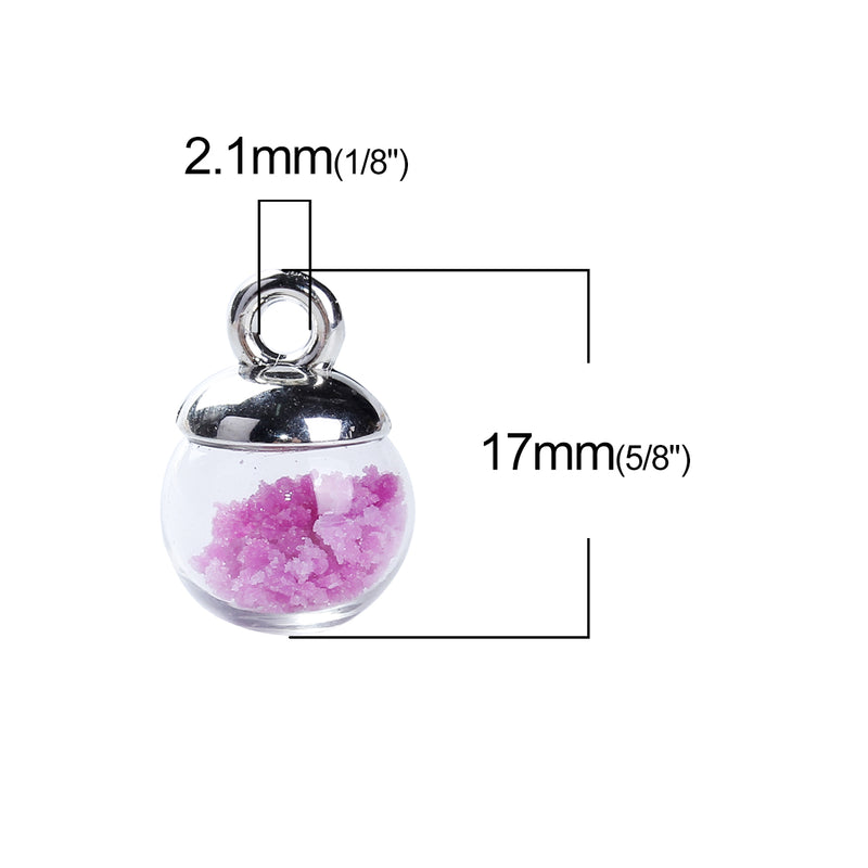 5 Glass Ball Charms, round globe glass vial with sparkly PURPLE confetti, silver bail, 17x12mm, chs3386