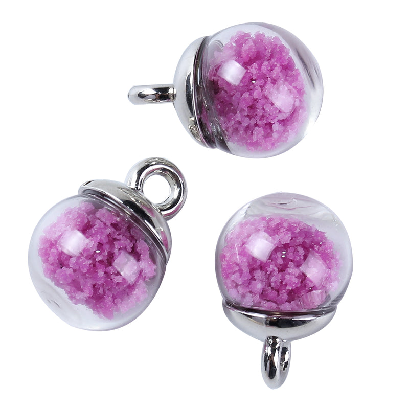 5 Glass Ball Charms, round globe glass vial with sparkly PURPLE confetti, silver bail, 17x12mm, chs3386