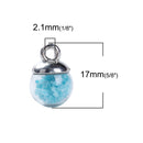 5 Glass Ball Charms, round globe glass vial with sparkly blue confetti, silver bail, 17x12mm, chs3428