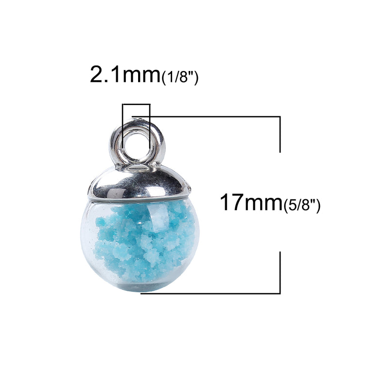5 Glass Ball Charms, round globe glass vial with sparkly blue confetti, silver bail, 17x12mm, chs3428