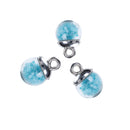 5 Glass Ball Charms, round globe glass vial with sparkly blue confetti, silver bail, 17x12mm, chs3428
