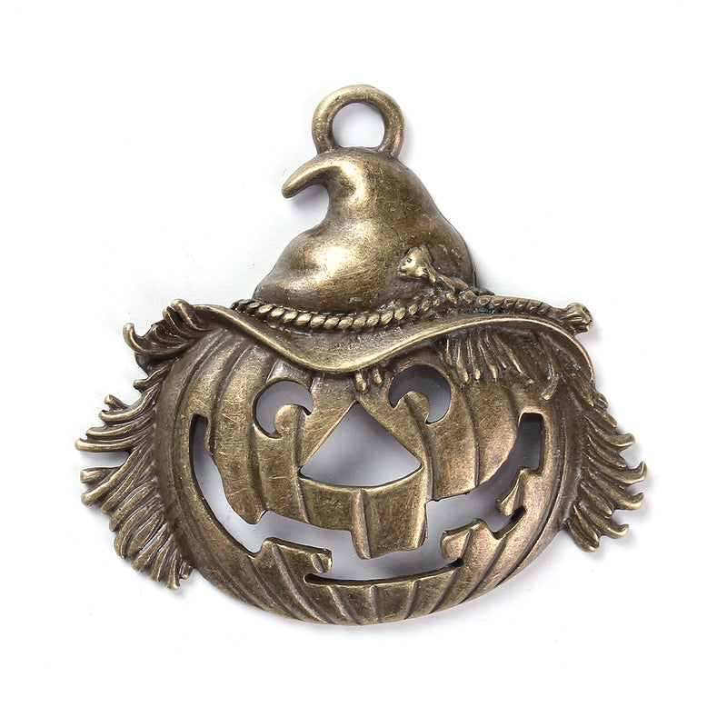 2 Large Pumpkin Charm Pendants, Jack O Lantern, Bronze Metal, Fall Jewelry, Halloween Jewelry, 2.5" wide, chs3464