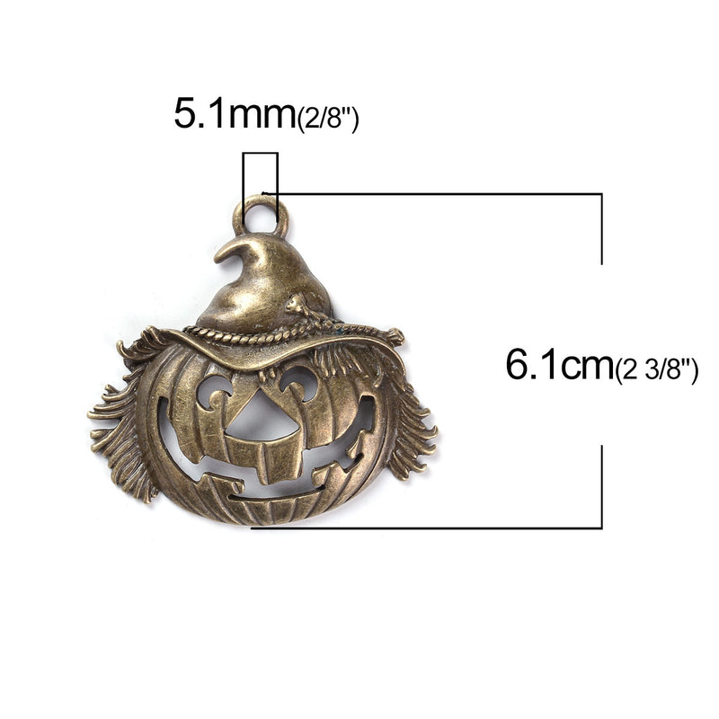 2 Large Pumpkin Charm Pendants, Jack O Lantern, Bronze Metal, Fall Jewelry, Halloween Jewelry, 2.5" wide, chs3464